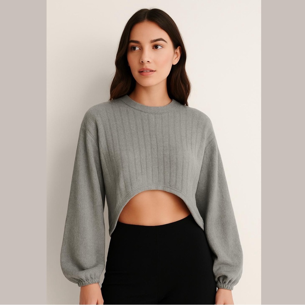 Noisy May Grey Ribbed Arc Cropped Balloon Sleeve Sweater Size XS